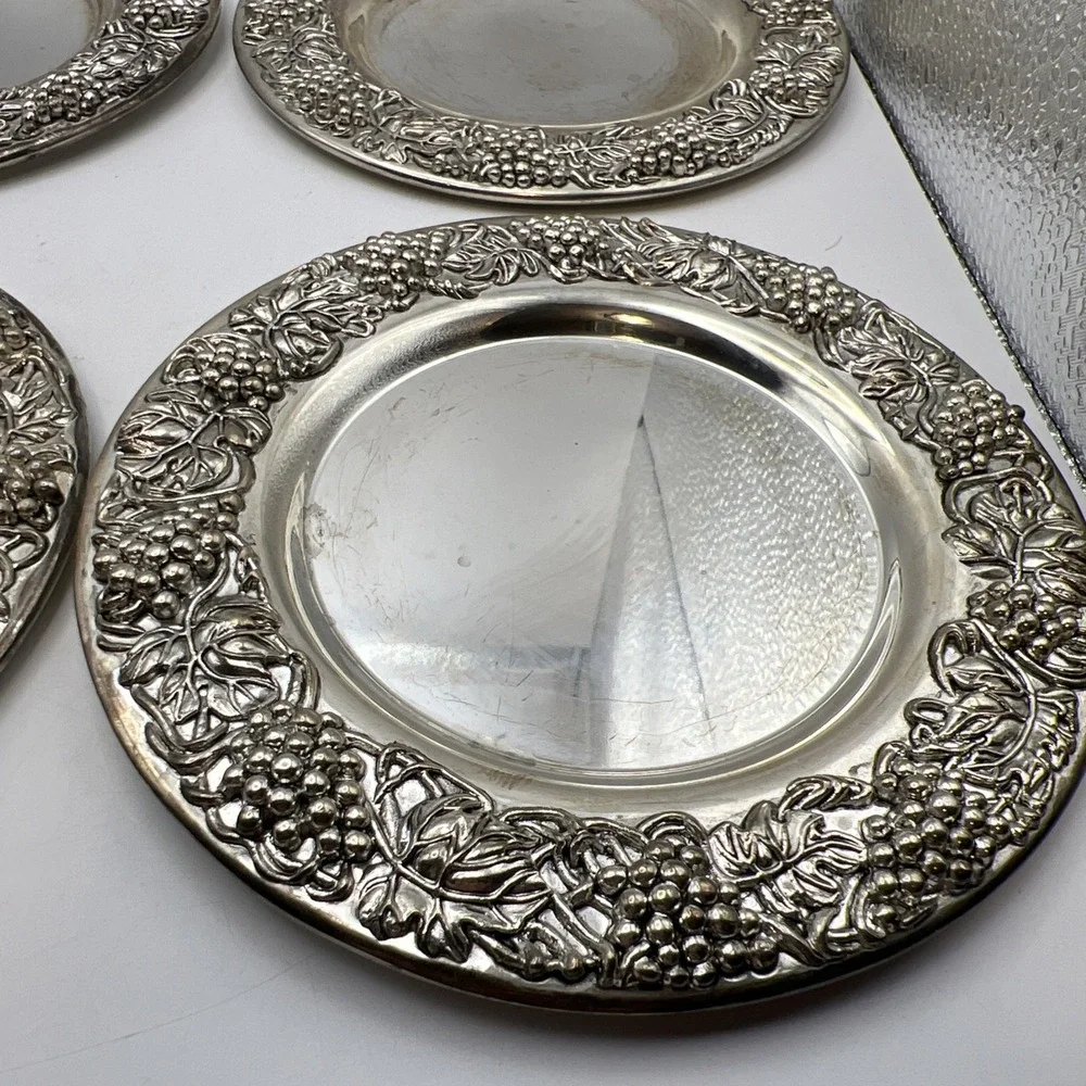 Set of 6 Vintage Godinger Silver Plate Grapevine Wine Coasters 5